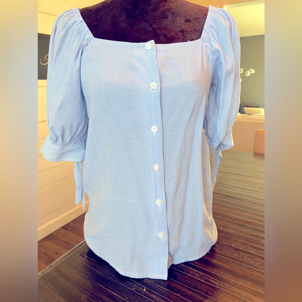 Lauren Conrad blue and white pinstriped blouse.  Size XS